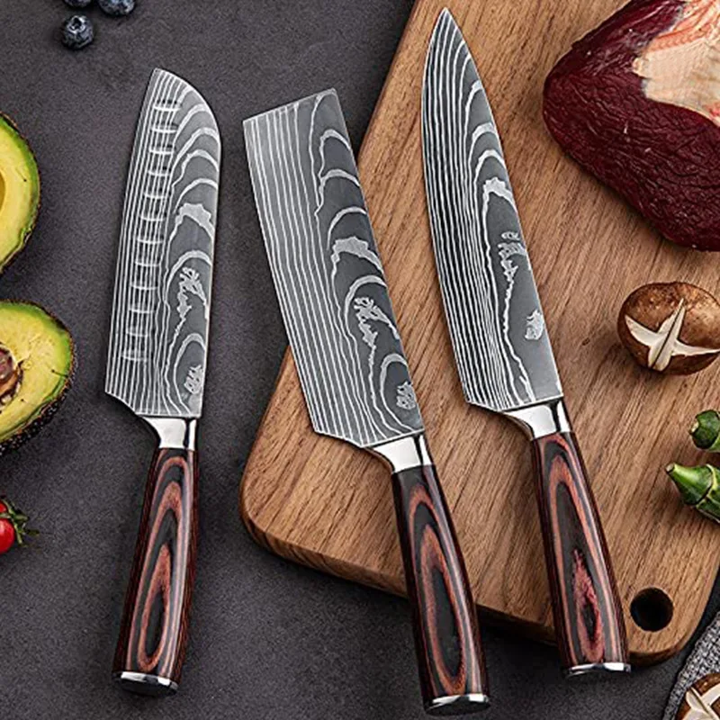 

Sharp Stainless Steel Chef Knife Laser Damascus Patternwavy Texture Cleaver Vegetable Tools Kitchen Accessories Cooking Gadgets
