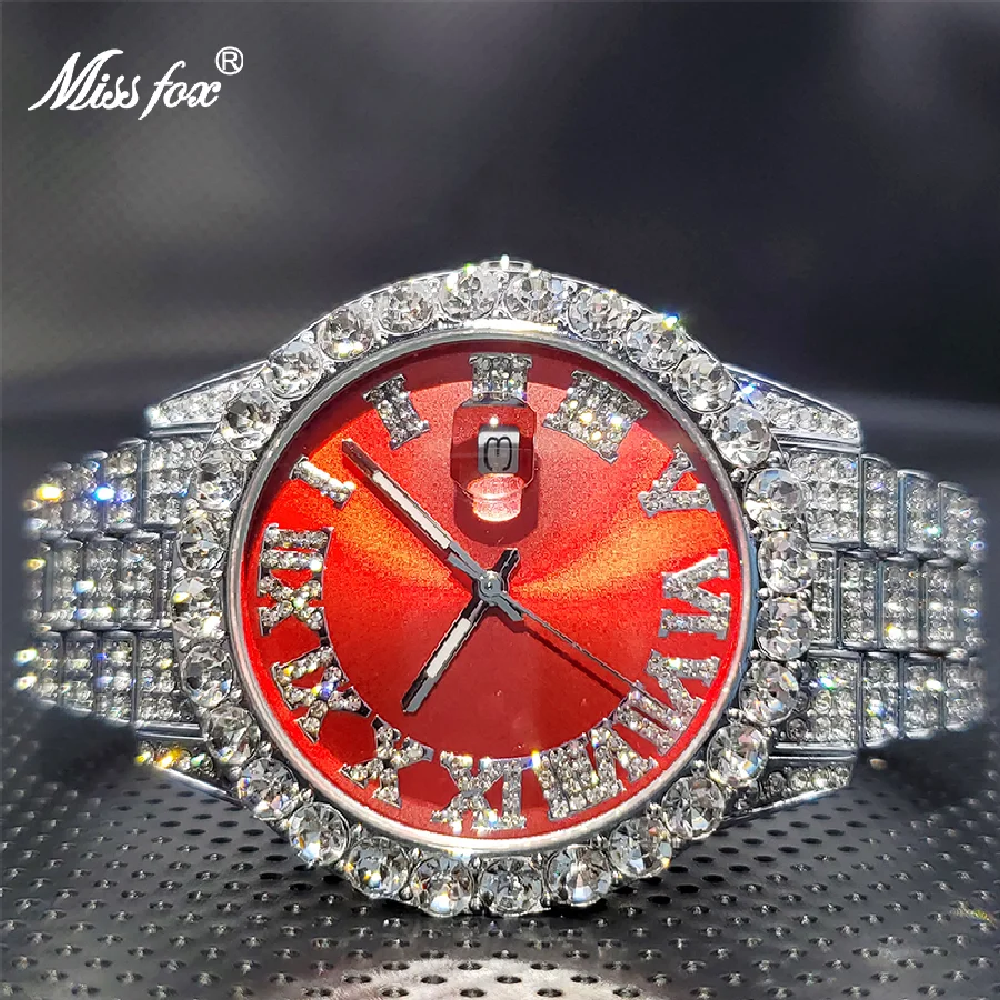 

Red Man Watch MISSFOX Luxury Ice Out Bracelet Hip Hop Fancy Men Watch Full Diamond Waterproof Couples Wristwatch Custom Logo