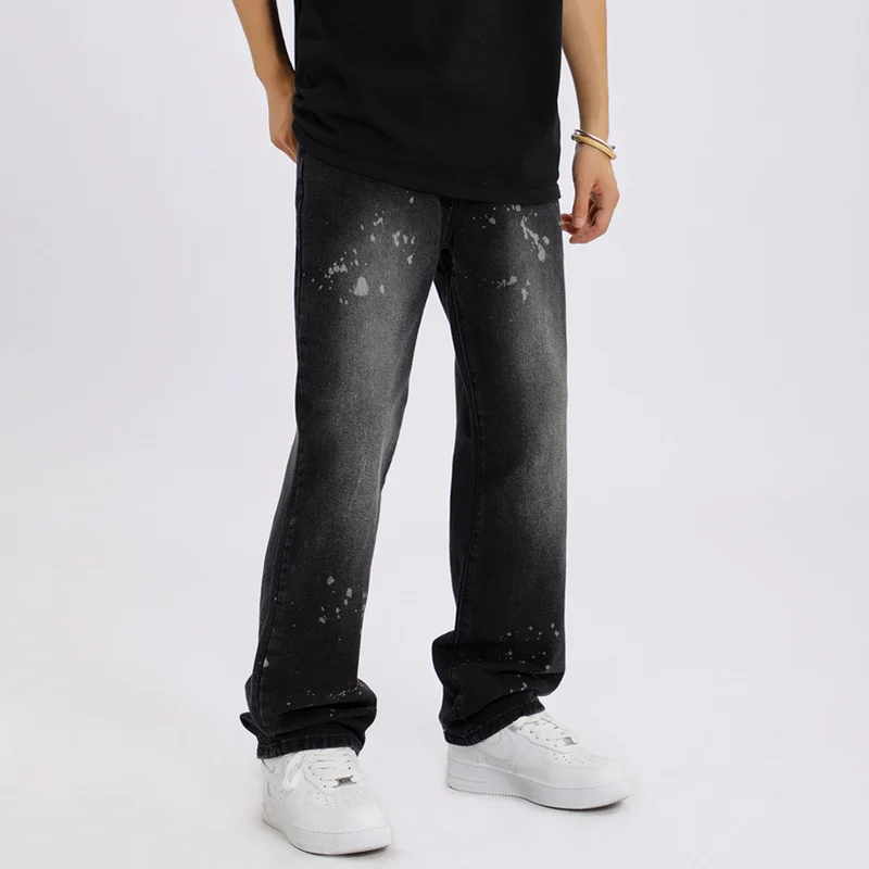 Streetwear Men New Pattern Vintage Recreational Brown Pants Straight Cylinder Comfortable Loose Splash Ink Jeans Autumn Female