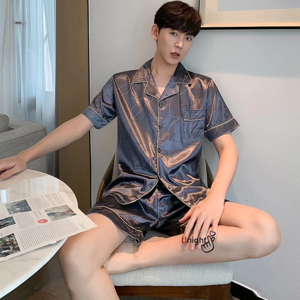 Мужской летний костюм из двух предметов атласная пижама с отложным воротником и