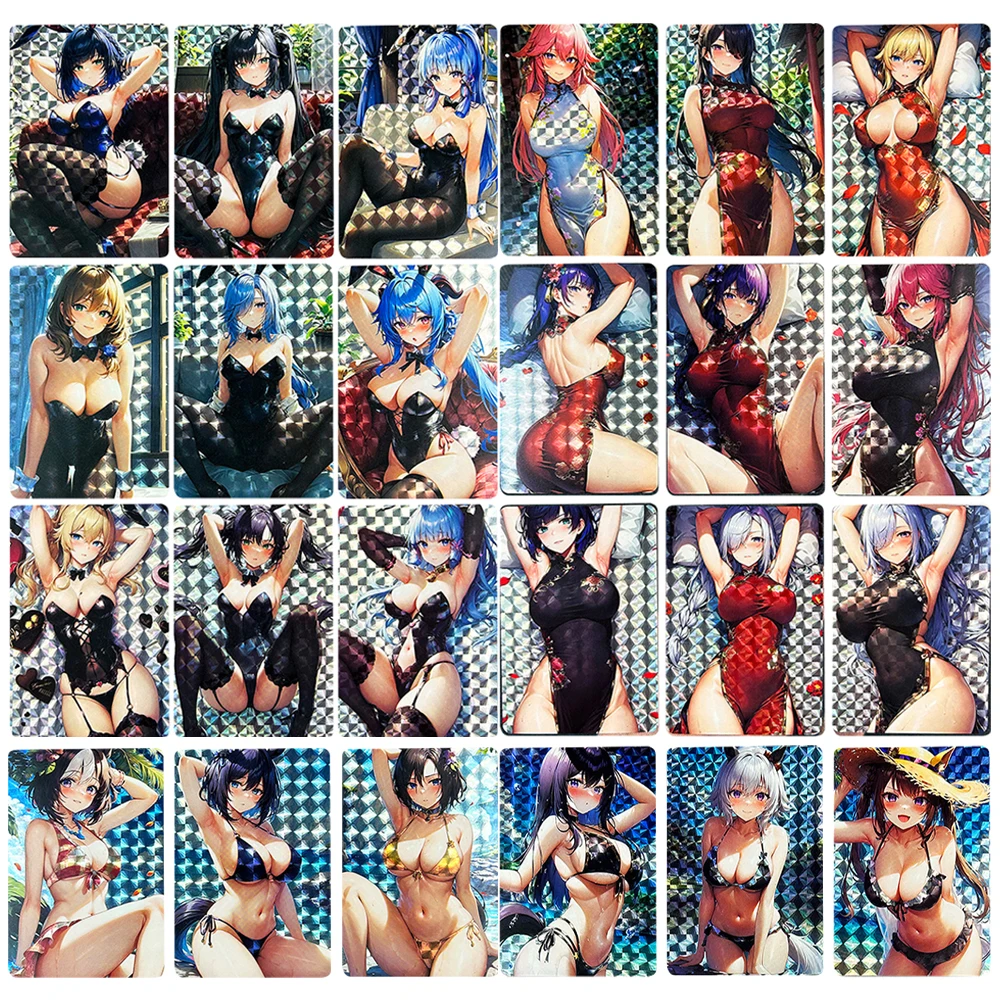 

New Genshin Diy Refraction Flash Card Barbatos Sexy Bikini Black Silk Acg Beautiful Girl Anime Collection Card Toy Game 9Pcs/set
