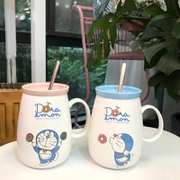 cute doraemon ceramic cup jingle cat cartoon straw cup with lid student couple large capacity mug