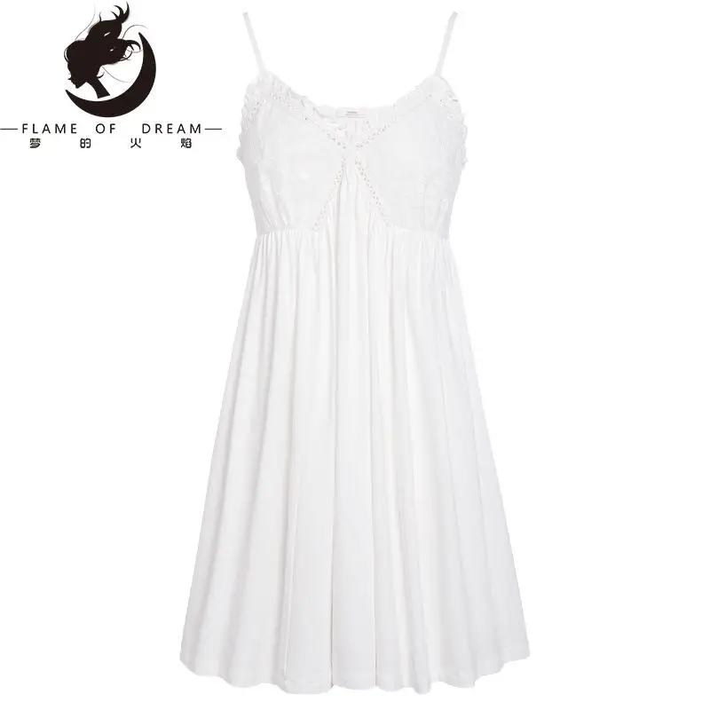 Flame of dream Suspender Nightdress Female Summer Cotton Court Style Sexy Lace Princess Robe Loose Embroidered  Nightwear 221521