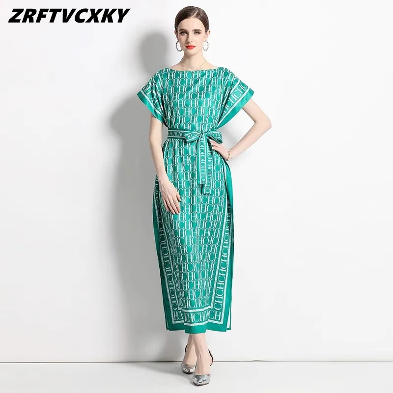 

Женское модельное платье с буквенным принтом, зеленое свободное платье с воротником-лодочкой и рукавом летучая мышь, длинное платье с поясом и шнуровкой, лето