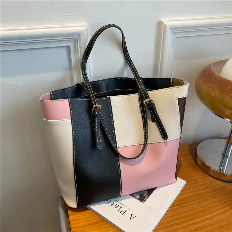 

Новая вместительная сумка-тоут с блокировкой цветов, женская модная Выходная Портативная сумка для покупок на одно плечо, женская мода