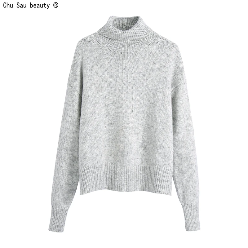 

Fashion Vintage Casual Simple Solid Color Long-Sleeve Turtleneck Knit Sweater 2021 Autumn Winter New Women All-Match Pullover