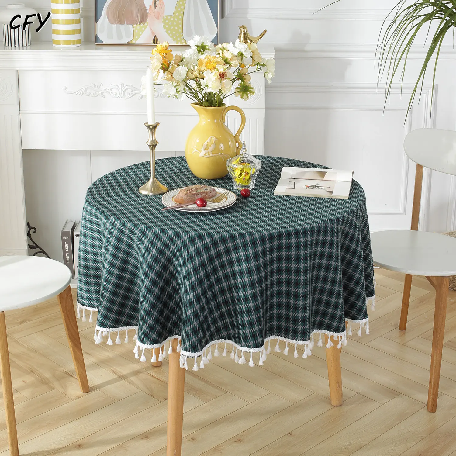 

American Minimalist Lattice Cotton Linen Round Tablecloth White Tassel Table Cover Table Cloth Home Dinning Table Decoration