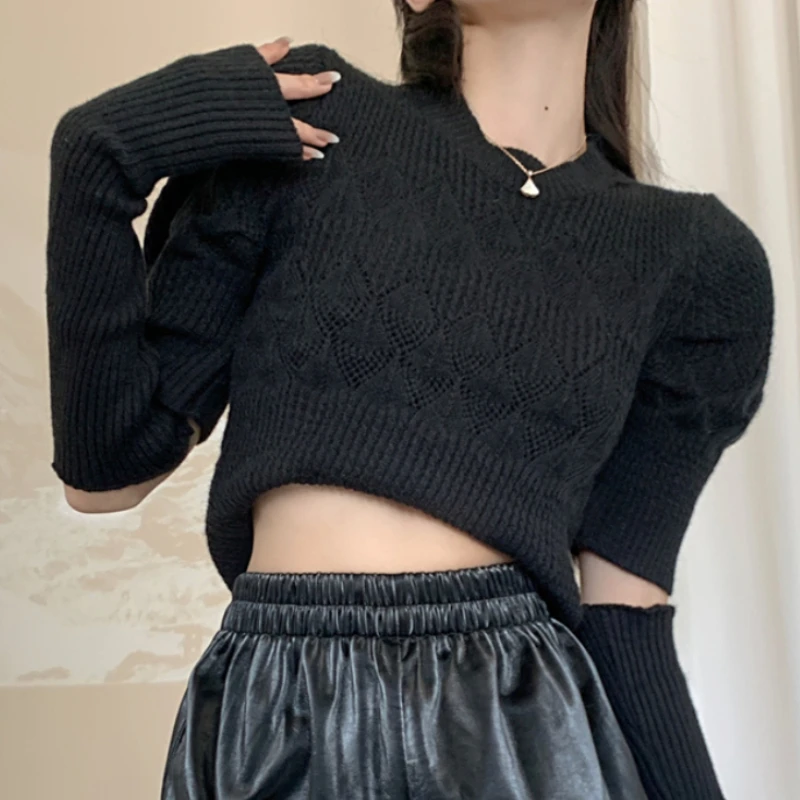 

Y2K Sweet Sweater Women Korean Fashion O Neck Long Puff Sleeve Pullover Woman Patchwork Oversleeve Knitted Crop Top Dropshipping