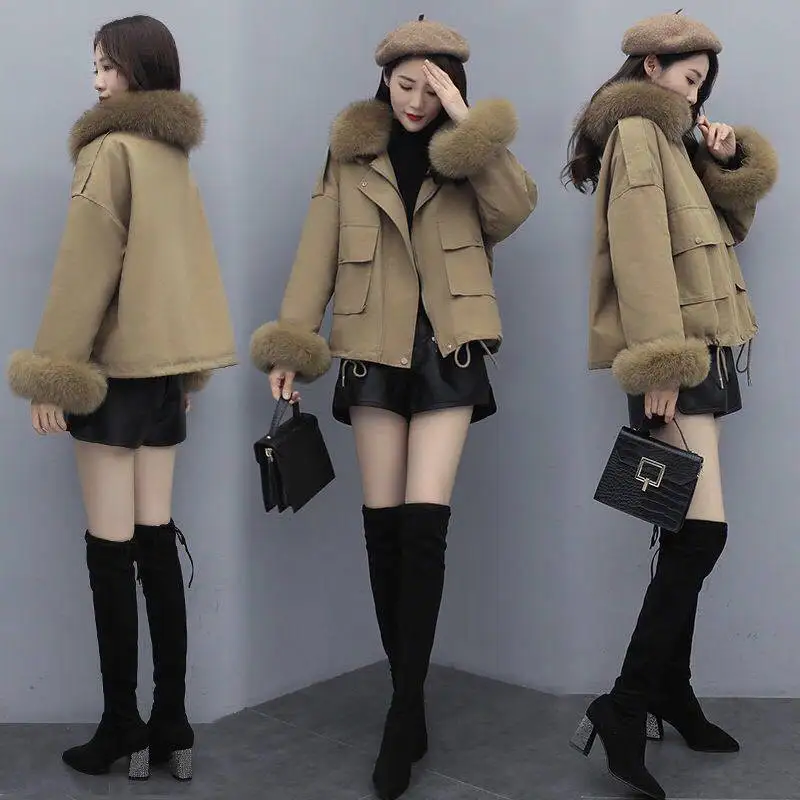 Winter New Women Parka Down Jacket Fashion Design Casual Loose Plus Velvet Warm Fur Collar Short Coats Elegant Female Clothing
