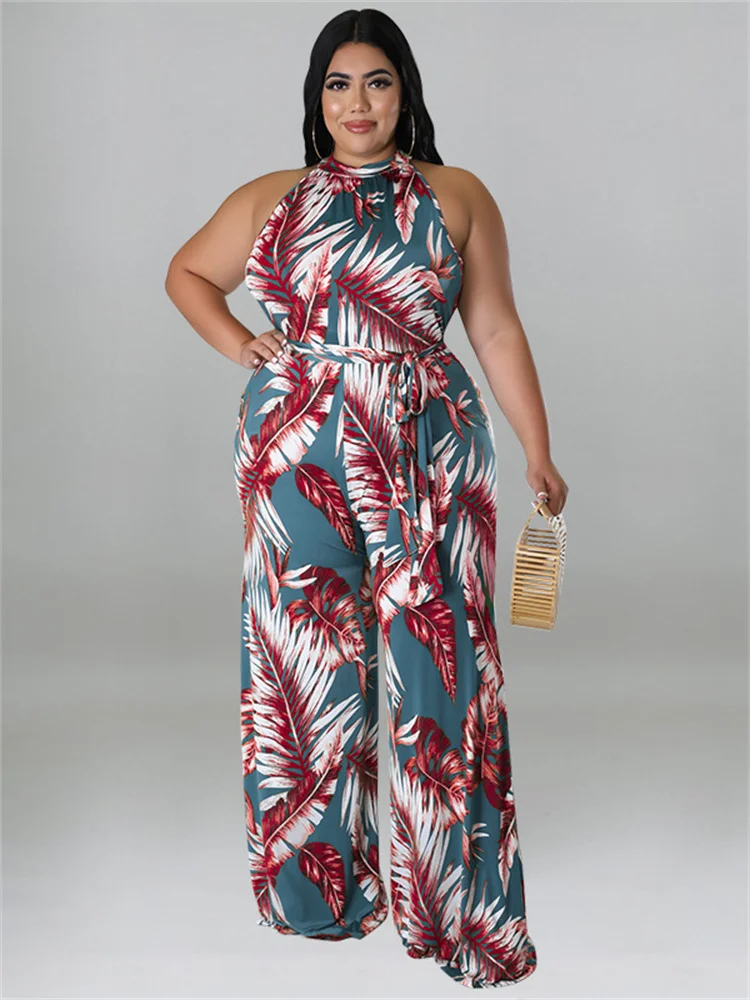 Plus Size Women Jumpsuit with Belt Summer Clothes Printed Sleeveless Wide Leg Office Lady Bodysuit Who 3xl 4xl 5xl 6xl