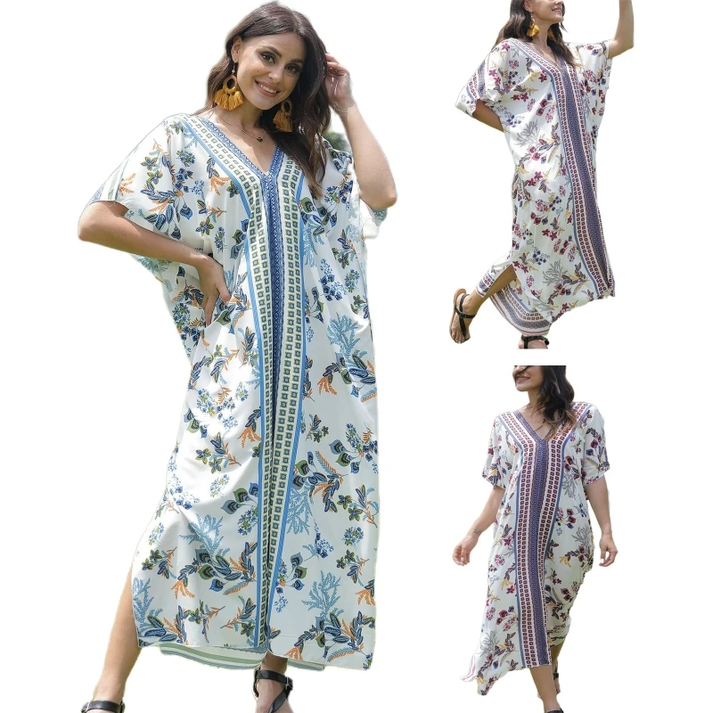 

Women Batwing Sleeve Kaftan Geometric Floral V-Neck Beach Cover Up Maxi Dress Drop Shipping