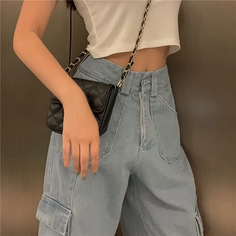Woman Casual High Waisted Blue All-match Jeans Straight Slim Vintage Wide Leg Denim Pants with Pocket Office Lady Cargo Pants
