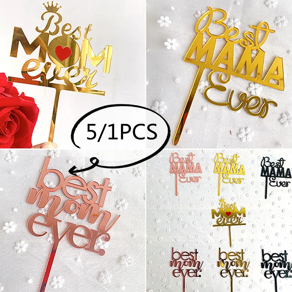

5/1PCS Happy Mother's Day Cake Topper Happy Birthday Mom Party Gold Cake Insert Acrylic Cake Decoration Cakes Dessert Decor
