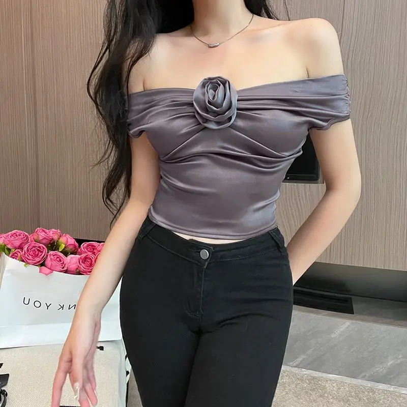 

2023 Spring/Summer New Slim Fit Satin Flower Off Shoulder Short Top korean vintage clothes y2k japanese streetwear