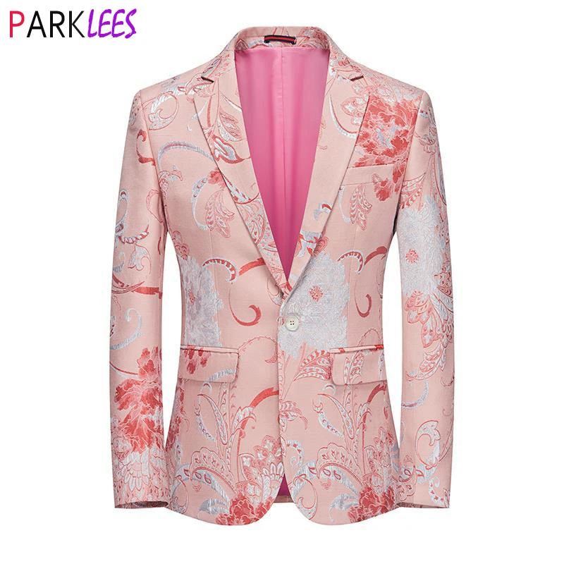 

Pink Floral Jacquard Tuxedo Blazer Jacket Men One Button Notched Lapel Mens Dress Blazers Wedding Party Banquet Costume Homme