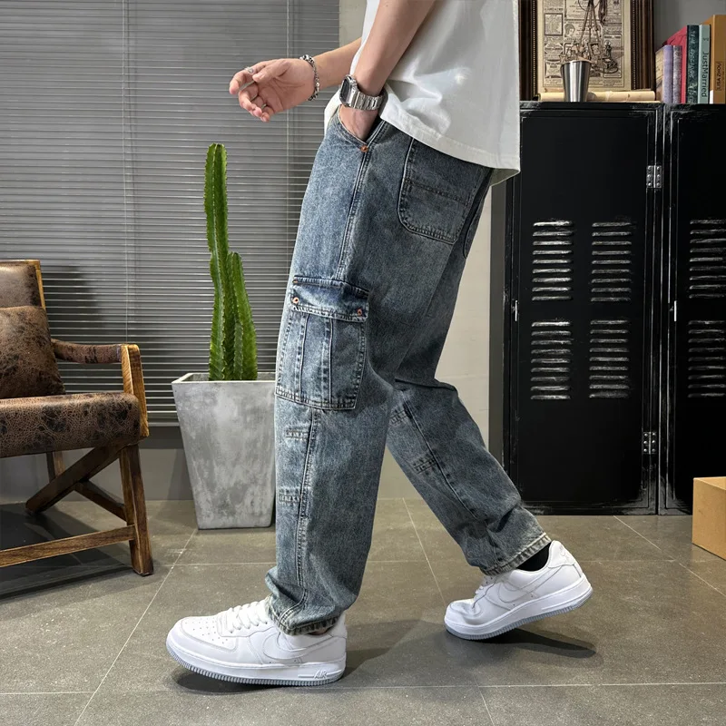 Street Fashion Men Jeans Loose Fit Retro Blue Big Pocket Casual Denim Cargo Pants Hombre Hip Hop Harem Jeans Wide Leg Trousers