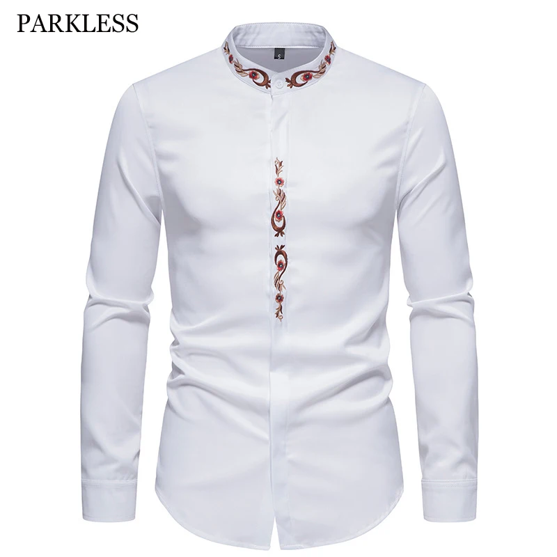 Men Spring Autumn Shirt Social Henley Dress Shirt Fashion Long Sleeve Formal Embroidery Tops Clothing Casual camisa masculina