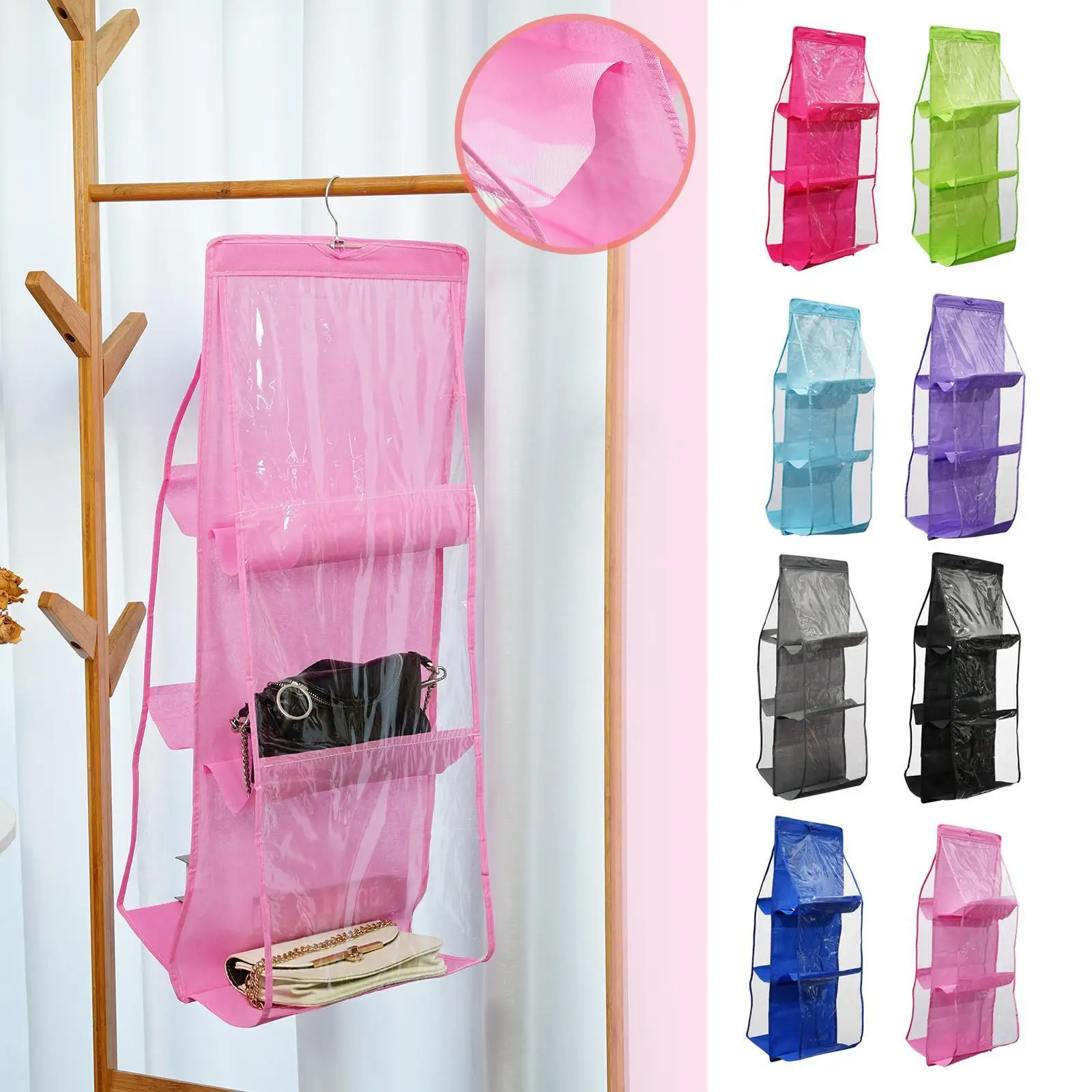 

Hanging Storage Bag 6 Pocket Purse Handbag Tote Bag Wardrobe Double Bag Storage Foldable Sides Storage Hanger Organizer Clo I4v4