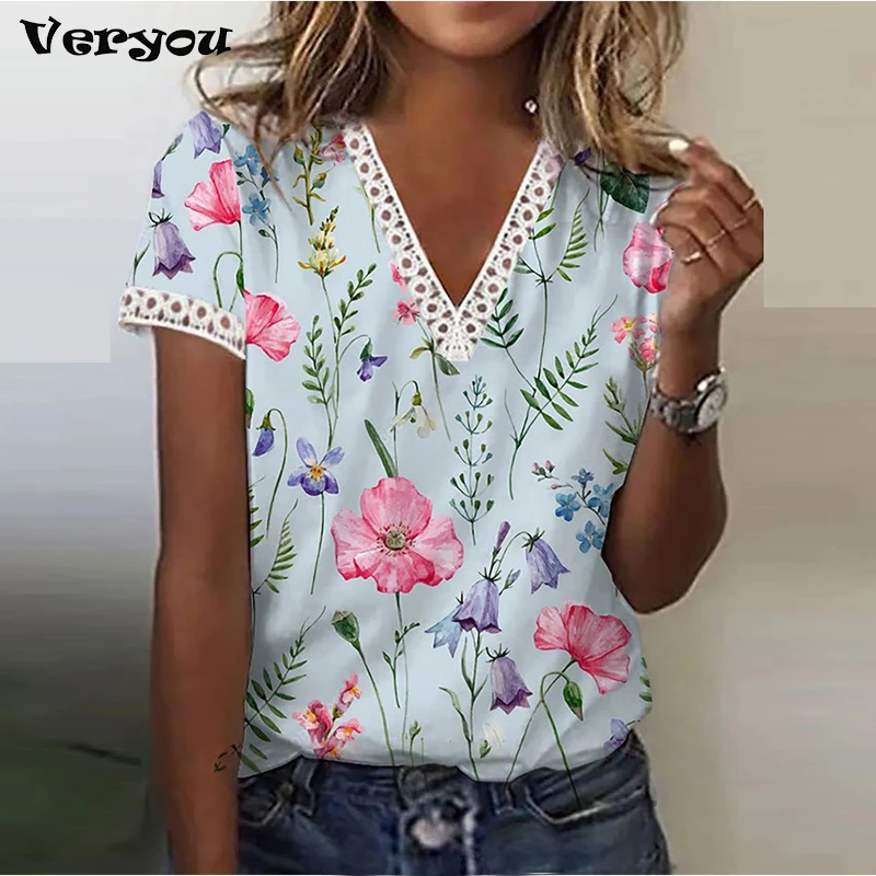 Vintage Women Fashion Floral Print Crochet Lace V-Neck T-Shirt 2022 Summer New Short Sleeve Loose Tops Tee |