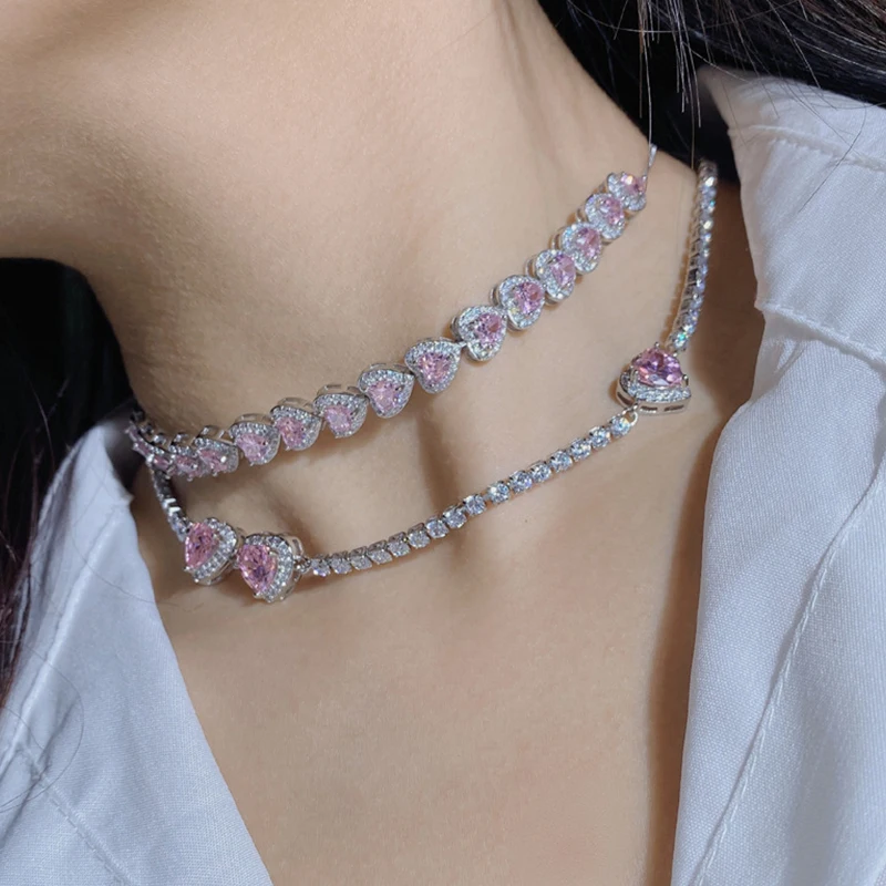  UILZ Sweet Pink Heart Crystal Necklace for Women Girls Elegant Zircon Wedding Party Chain Choker Collares Jewelry Free Shipping 
