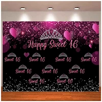 Photography Backdrop Pink Glitter Bokeh Heart Step Crown Princess Sweet Sixteen Background Girl Happy 16th Birthday Banner Decor