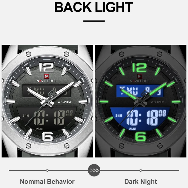 Фото NAVIFORCE Мужские кварцевые ЖК-часы с двойным дисплеем и силиконовым ремешком 3ATM Водонепроницаемый противоударный ночник с круглым корпусом Спортивный повседневный №3