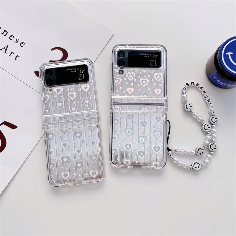 

Irregular Laser Love Smile Chain Phone Case for Samsung Galaxy Z Flip 3 Hard PC Back Cover for ZFlip3 Case Protective Shell