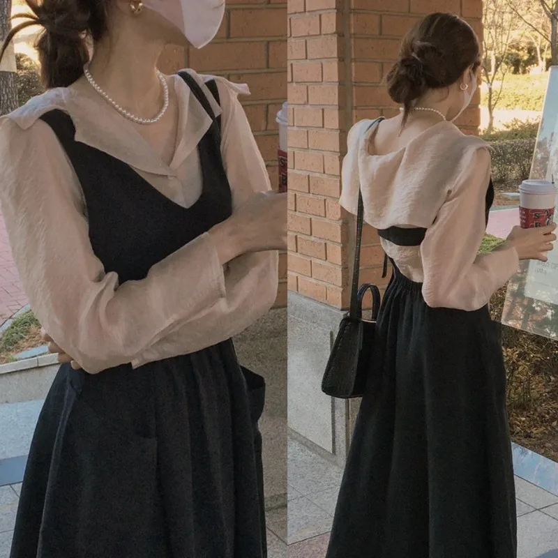 

Women's Micro Transparent Shirts Elegant Vintage Korean Chiffon Blouse Top Stap Tank Black Dress Long Autumn 2022 Fashion
