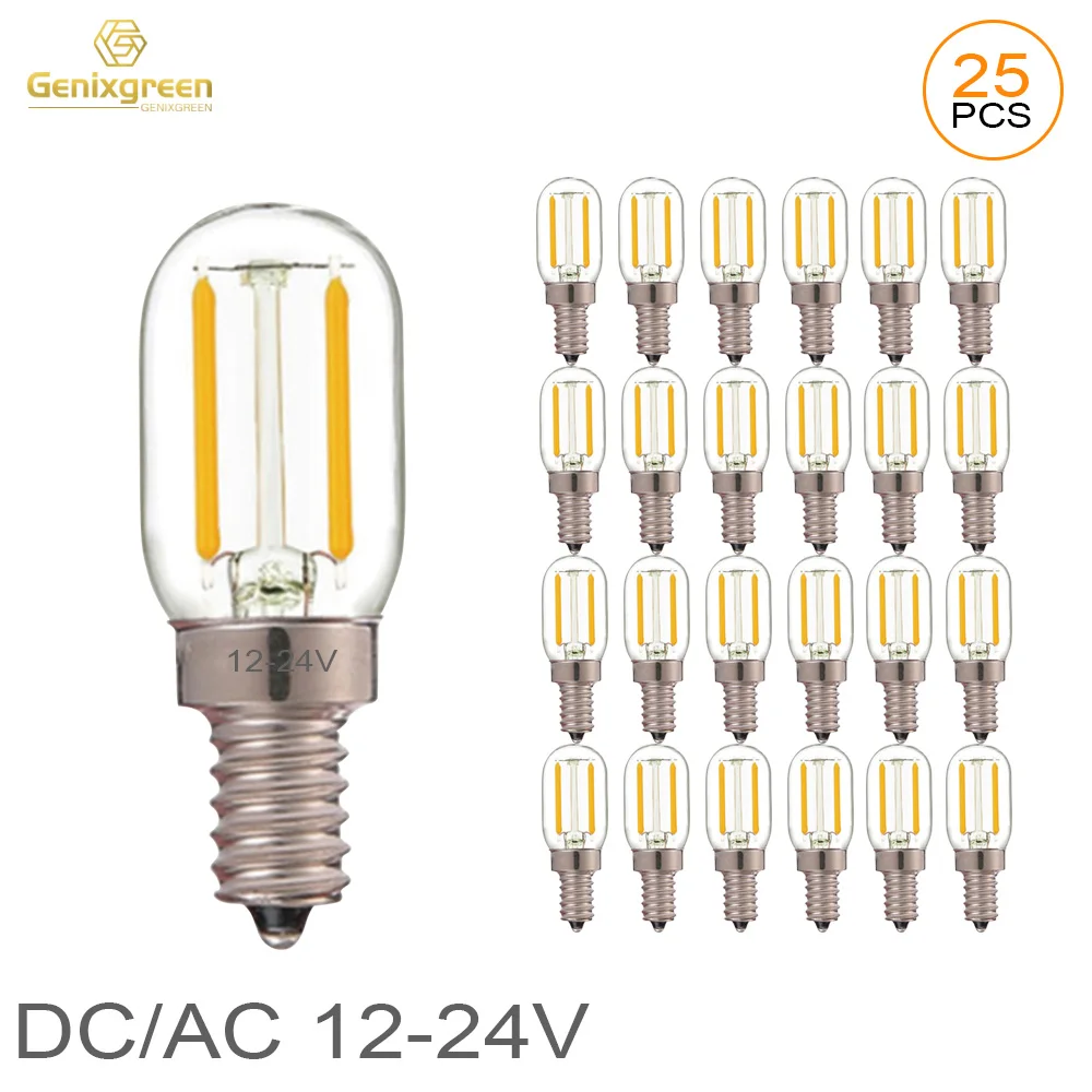 Genixgreen DC AC 12V 24V E14 LED Bulb T22 1W Low Voltage Tubular Filament Bulb E12 Candelabra LED Lamp RV Locomotive Room Lights