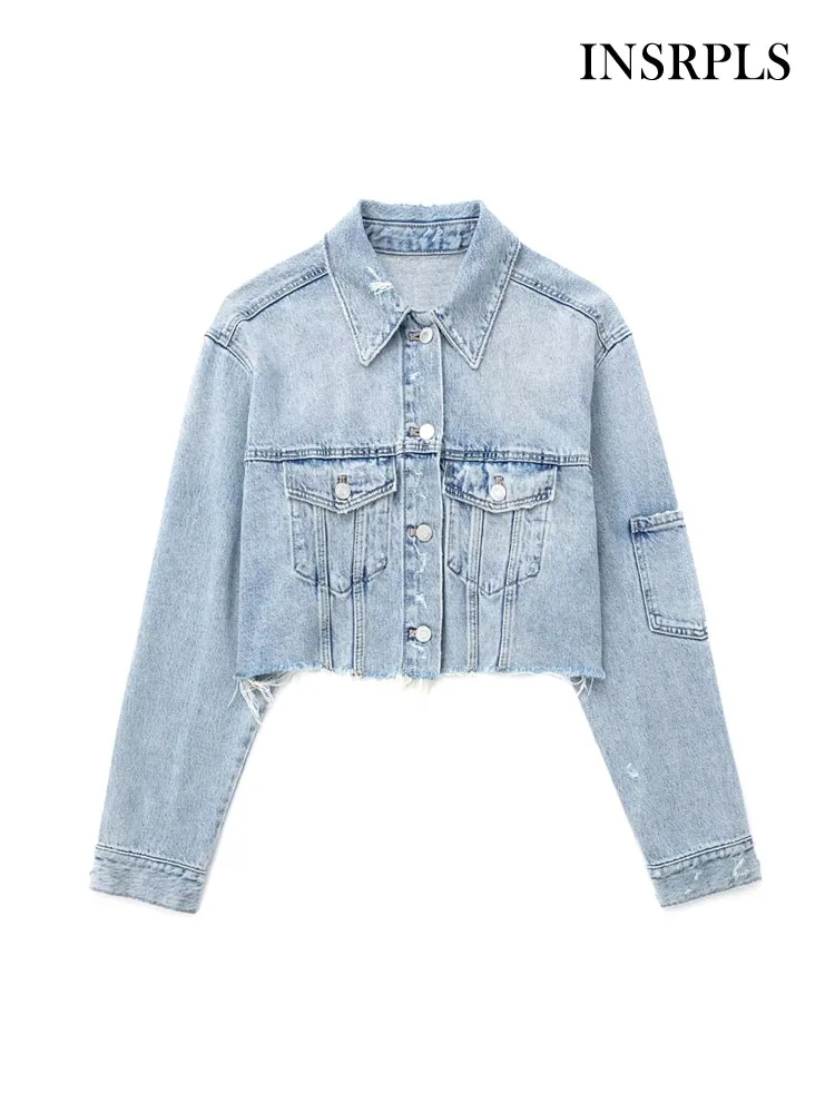 

INSRPLS Women Fashion Patch Pockets Ripped Denim Cropped Jacket Coat Vintage Long Sleeve Frayed Hems Female Outerwear Chic Tops