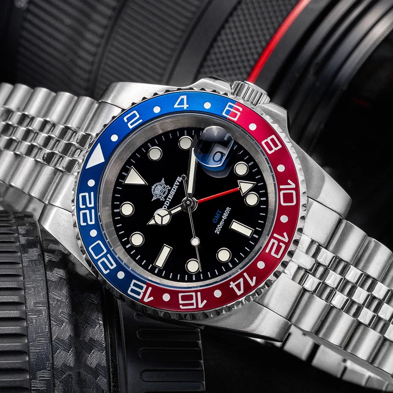 Фото Мужские часы ADDIESDIVE GMT 515-24H с двумя часовыми поясами, водонепроницаемые до 200 м, с керамическим безелем, люминесцентной подсветкой BGW9, из стали 316L, кварцевые. №3