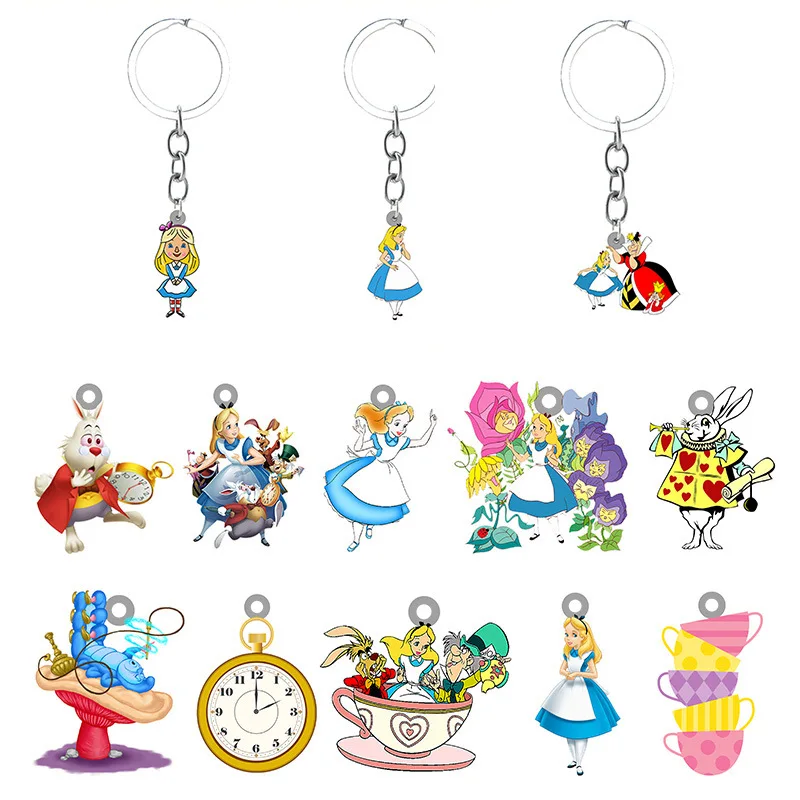 

Disney Alice in Wonderland Princess Toy Keychain Girl Cartoon Printed Resin Flat Key Chain Children's Schoolbag Pendant Toy Gift