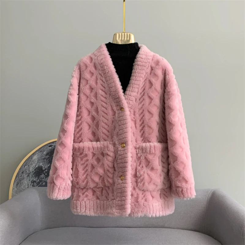 

RosEvans New V-neck Lamb Wool Full Pelt Coat Women Short Thick Sheep Fleece Overcoat Real Fur Jacket Loose Tie Fit Autumn Winter