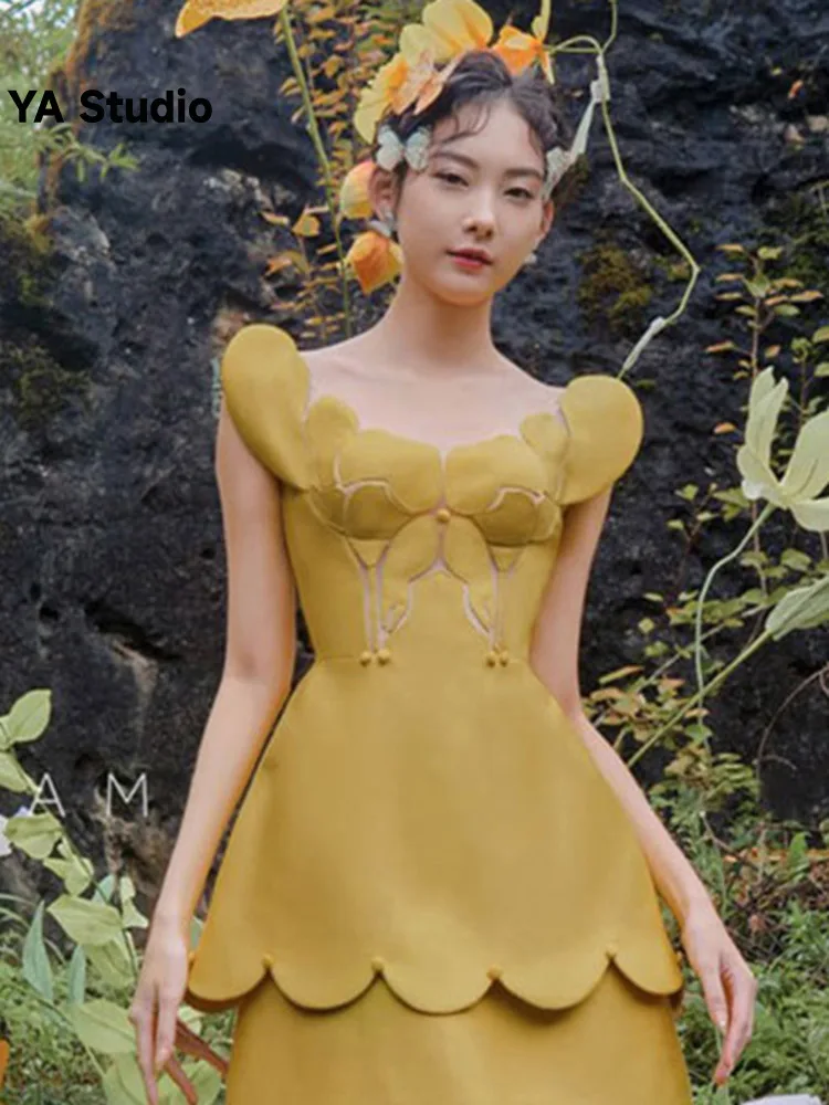 

[YA Studio] Designer Water-soluble Lace Blue Puffy Vest Navy Collar Slim Dress 2023 Summer Autumn Fashion