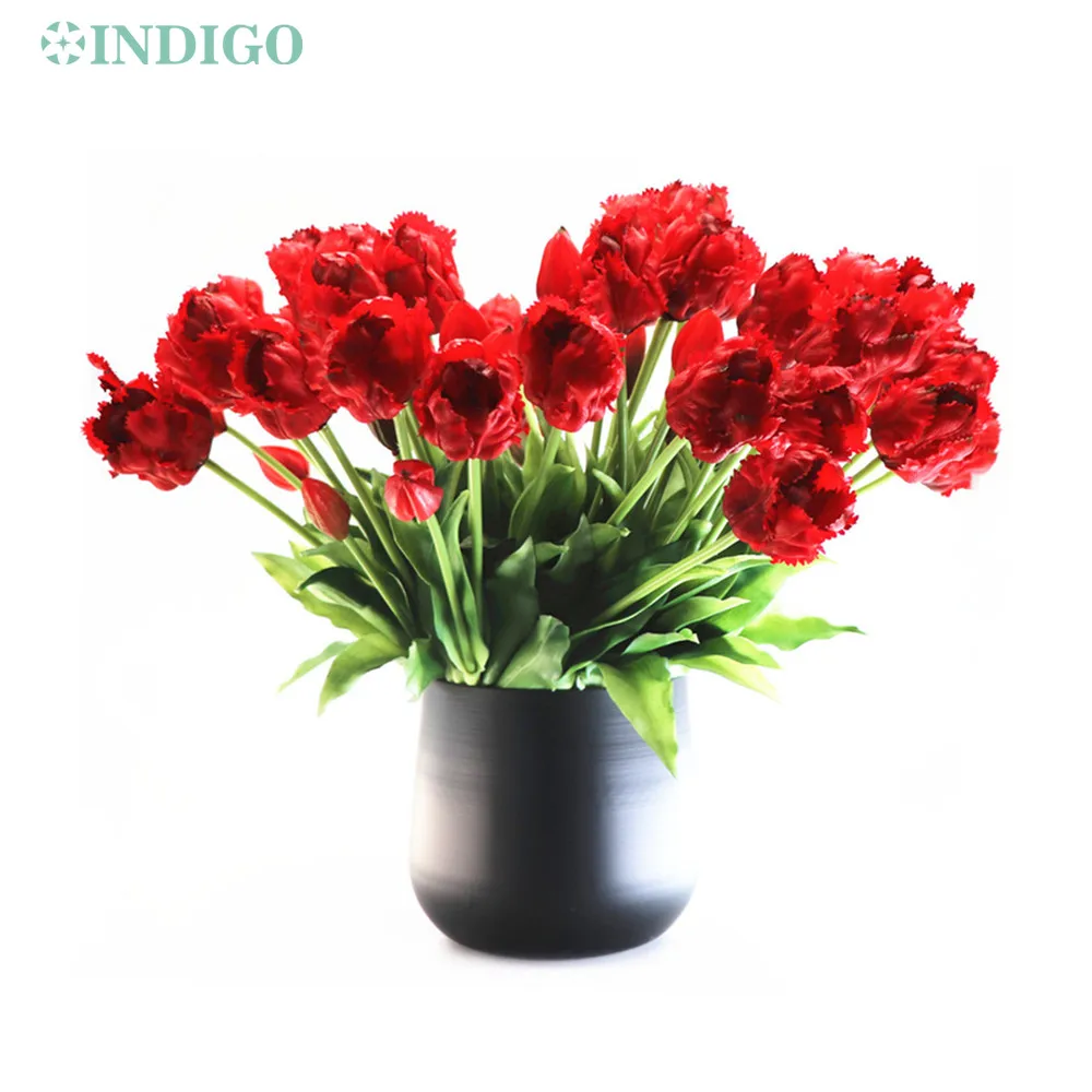 

Multiple Petals Parrot Red Tulip Bouquet (3 Flowers+2 Bud) 40CM Real Touch Silicone Artificial Flower Wedding Decor- INDIGO