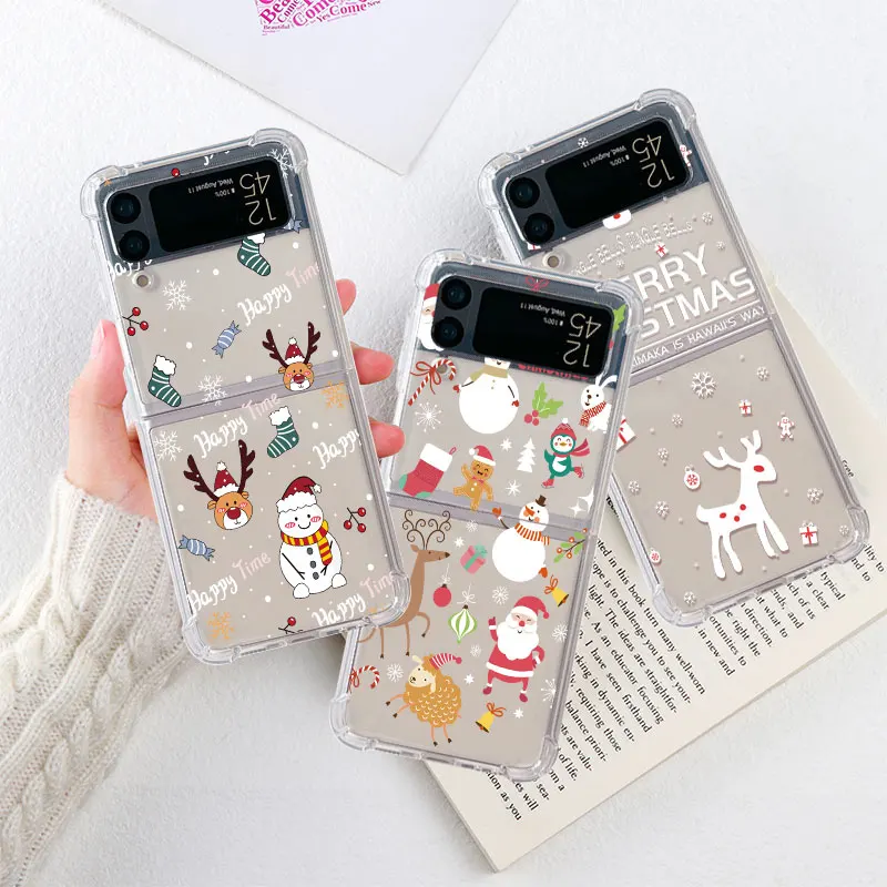 

Luxury Case For Samsung Galaxy Z Flip 3 4 5G Funda Z Flip3 Clear PC Hard Shockproof Back Phone Coque Snowman Christmas Cartoon