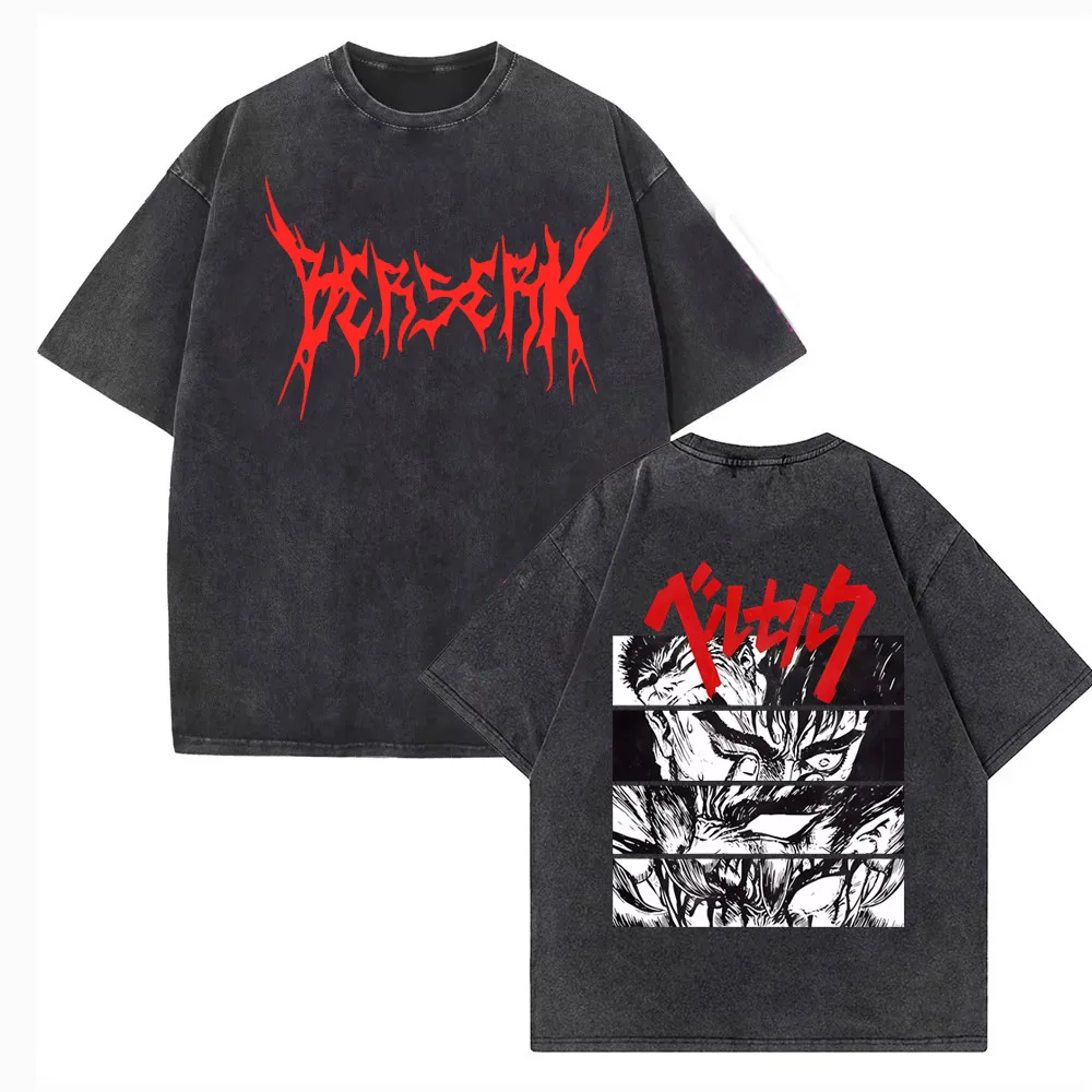 Фото Футболка с изображением аниме Berserk Guts Acid, винтажные потертые футболки с рисунком, мужские хлопковые футболки в стиле Харадзюку, повседневные футболки с короткими рукавами, топы унисекс, мужские №4