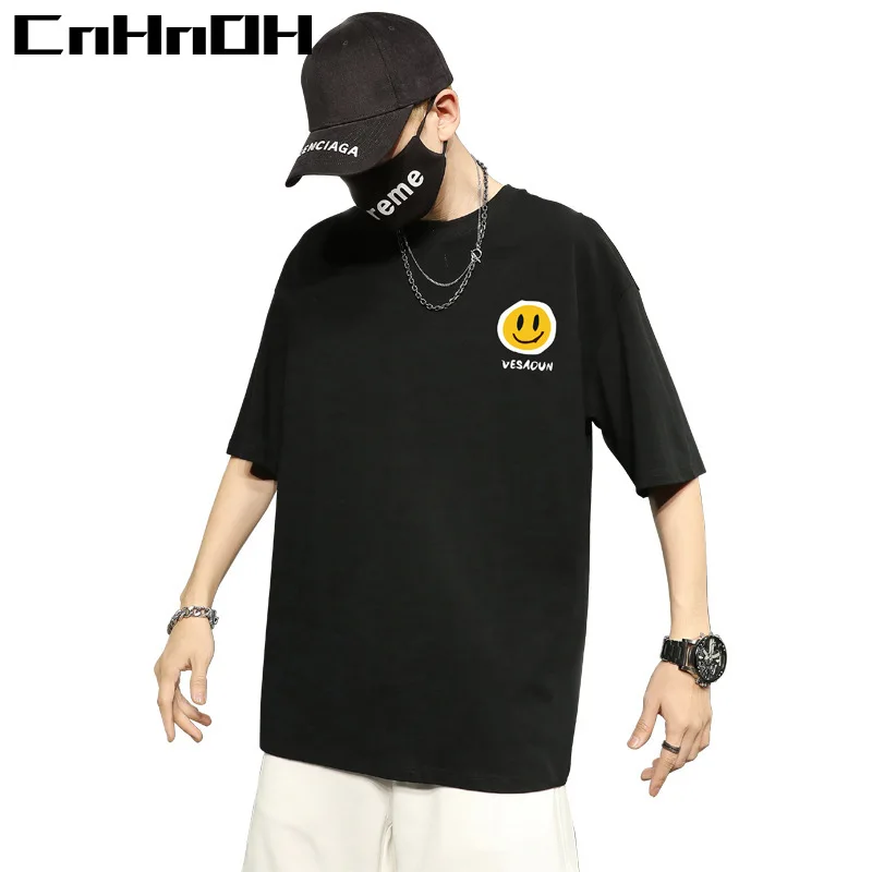 CnHnOH Hot Sale 2022 Summer New Smiley Printed Round Neck Loose Short Sleeve T-Shirts for Couples