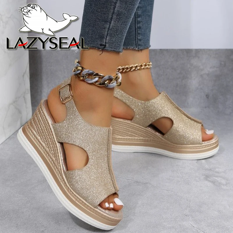 

Lazyseal Summer Platform Wedge Heel Sandals Beach Shoes for Women Buckle Design Bling Silver Color Peep Toe Women's shoes 2022
