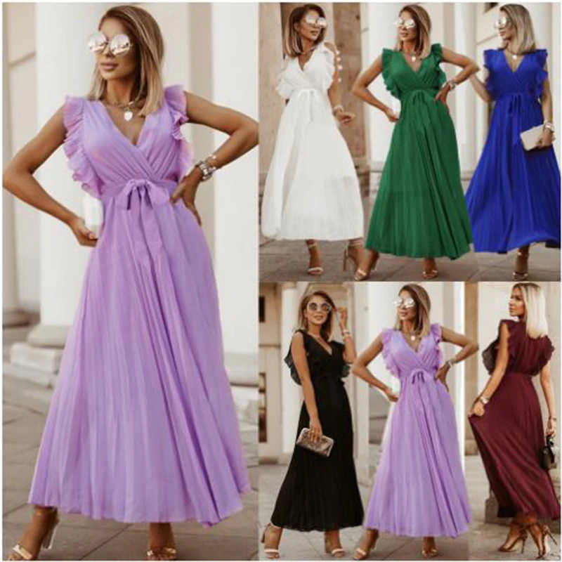 

Ladies Temperament Beach Long Skirt Fashion Slim Sexy Lotus Leaf Sleeve Chiffon Pleated Solid Color Women's Office Clothes Dress