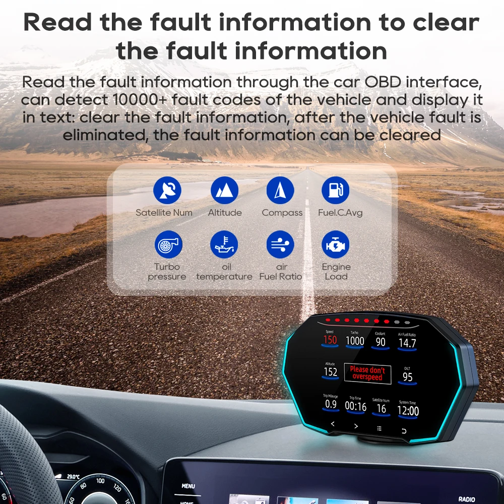 Фото Автомобильная система бортовой диагностики OBD 2 с GPS, дисплей на лобовом стекле, спидометр, превышение скорости, усталость, сигнализация, гаджеты, интеллектуальные устройства №3