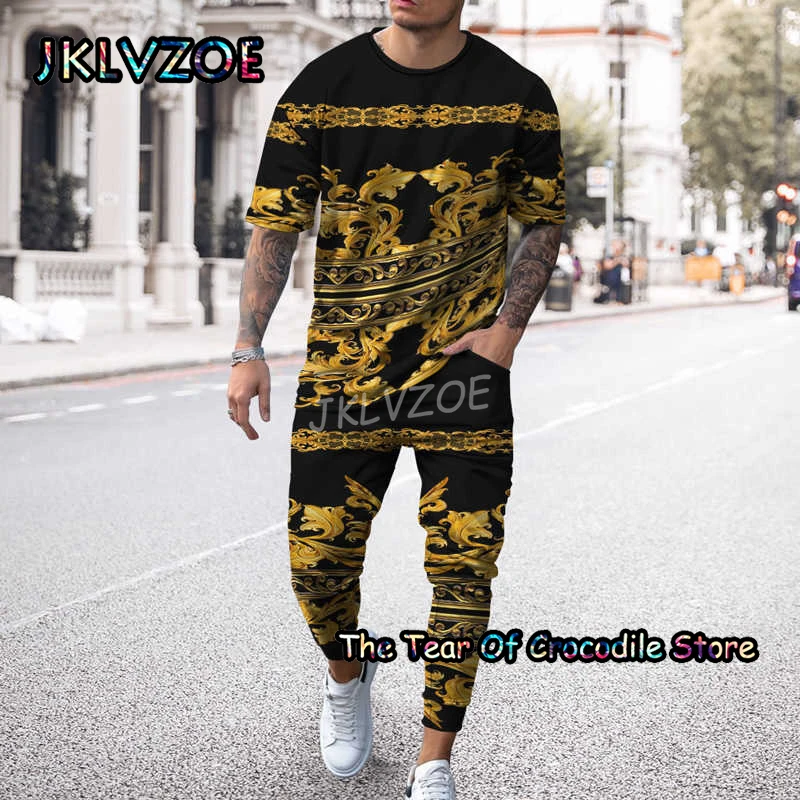 Golden Chain Retro Men's T Shirt+Trousers Tracksuit 2 Piece Sets Short Sleeve Pants Street Unisex 3D Printing Summer Clothes