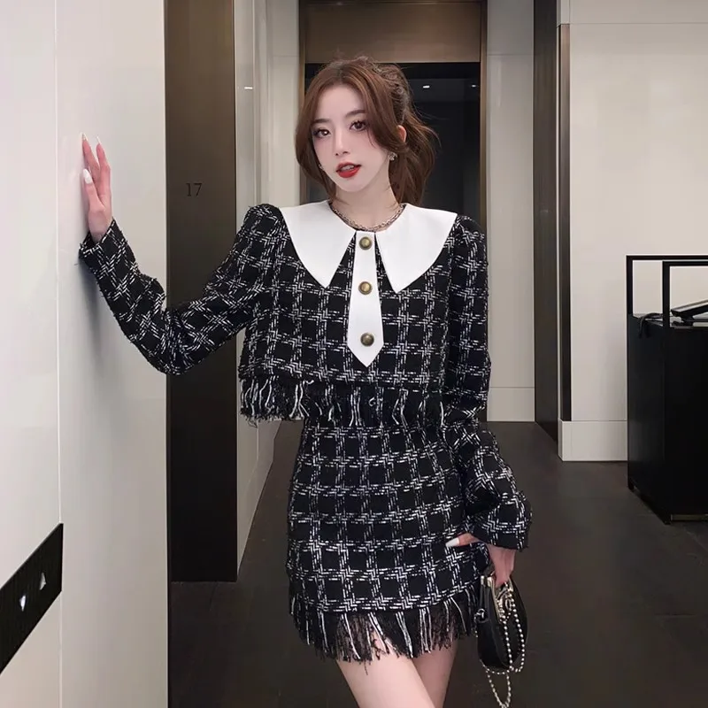 

High Street French Fashion Luxury Small Fragrance 2 Piece Sets Women Outfits Sweet Short Top+Long Tassel Mini Skirt Plaid Suits
