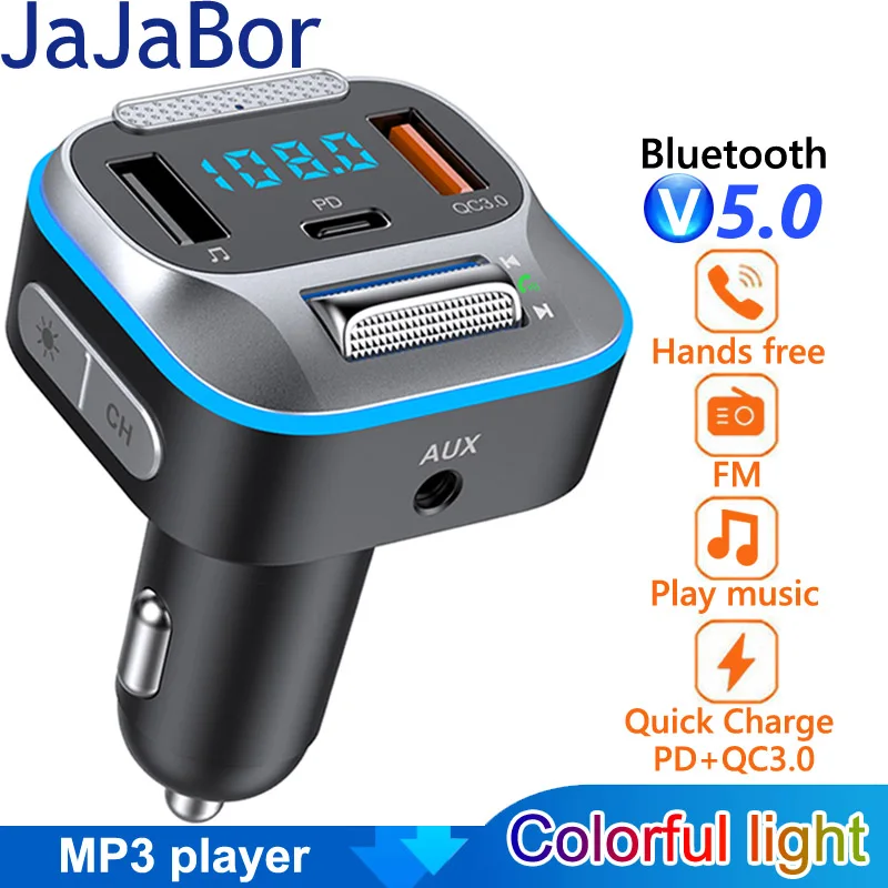 JaJaBor-transmisor FM para coche, receptor de Audio AUX QC3.0 PD 30W, carga rápida tipo C, cargador Bluetooth 5,0, Kit de reproductor MP3 ESTÉREO