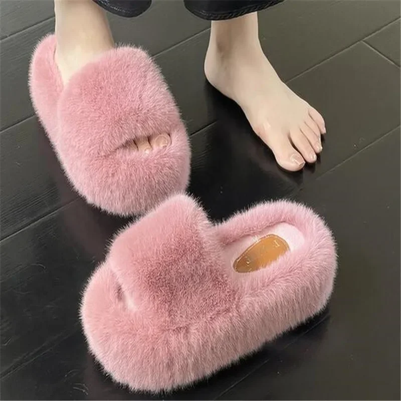 

Women's Slippers 2023 Open-toe Thick Bottom Flat Solid Color Shoes Summer Fashion Autumn and Winter Models Female Fur Slippers