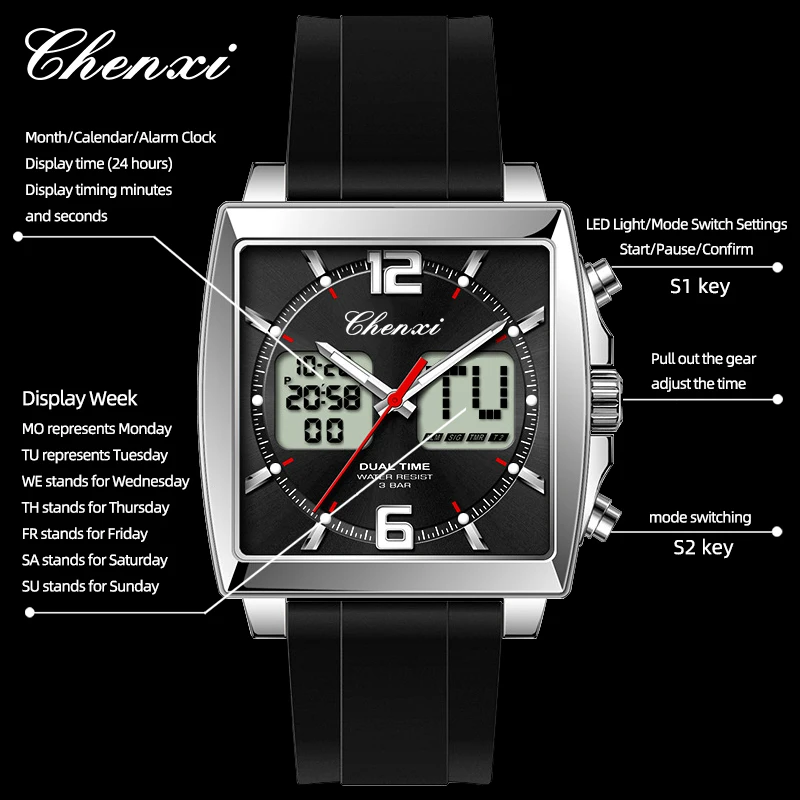 Фото Модные повседневные мужские спортивные часы с квадратным циферблатом, двойным временем, часы CHENXI, силиконовый ремешок, водонепроницаемые, многофункциональные наручные часы для мужчин №3