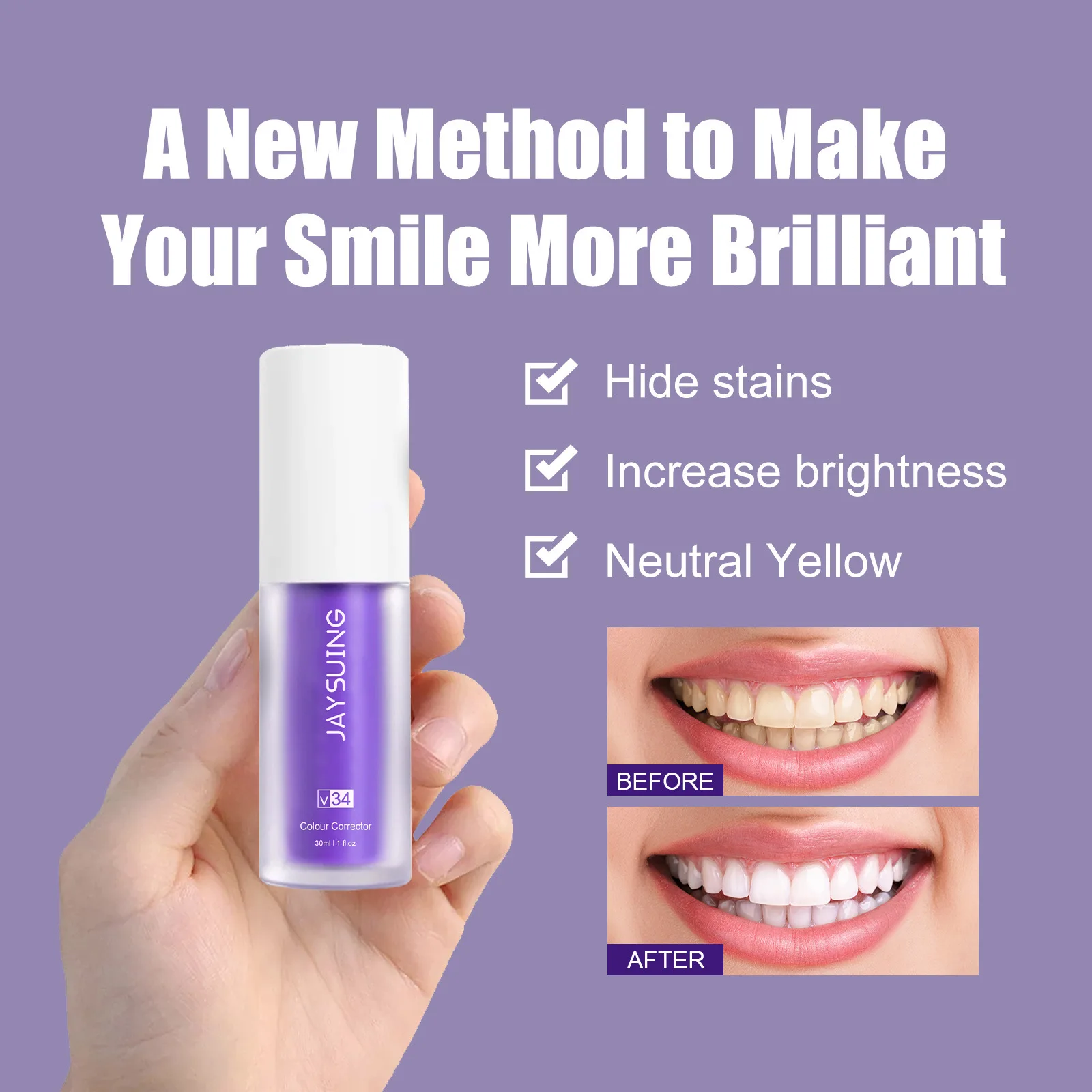 

Jaysuing Whitening Toothpaste Remove Stains Purple Colour Corrector Serum Oral Cleaner Fresh Breath Mousse Toothpaste Teeth Care