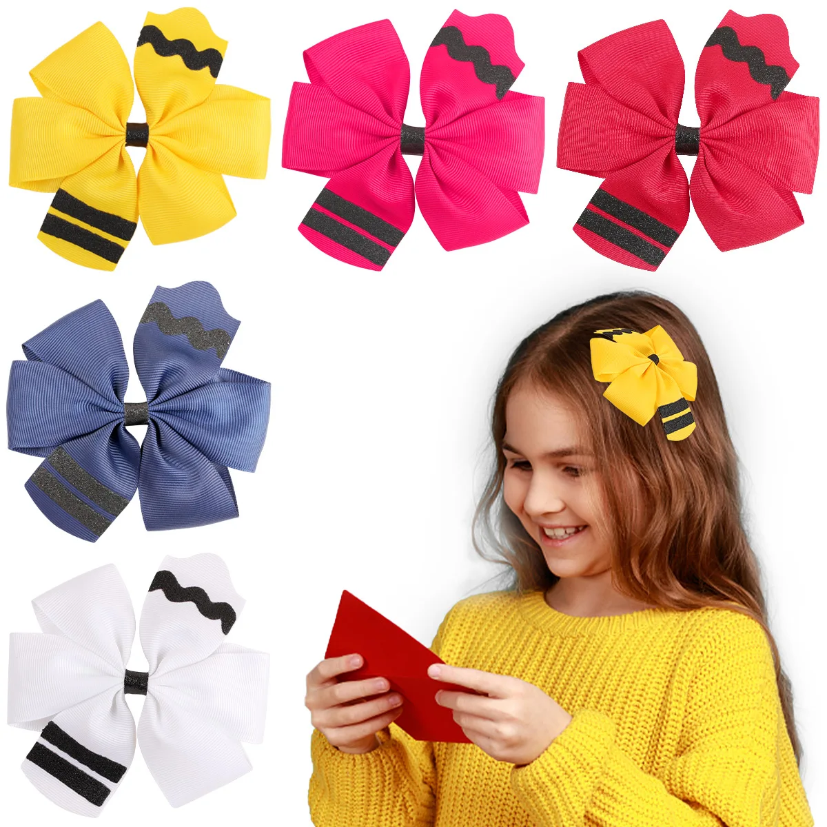 

4" BACK TO SCHOOL Embroidery Cotton Bows Hair Clips For Girls Solid Pencil Hairpins Bowknot Hair Barrettes Kids Hair Accessories