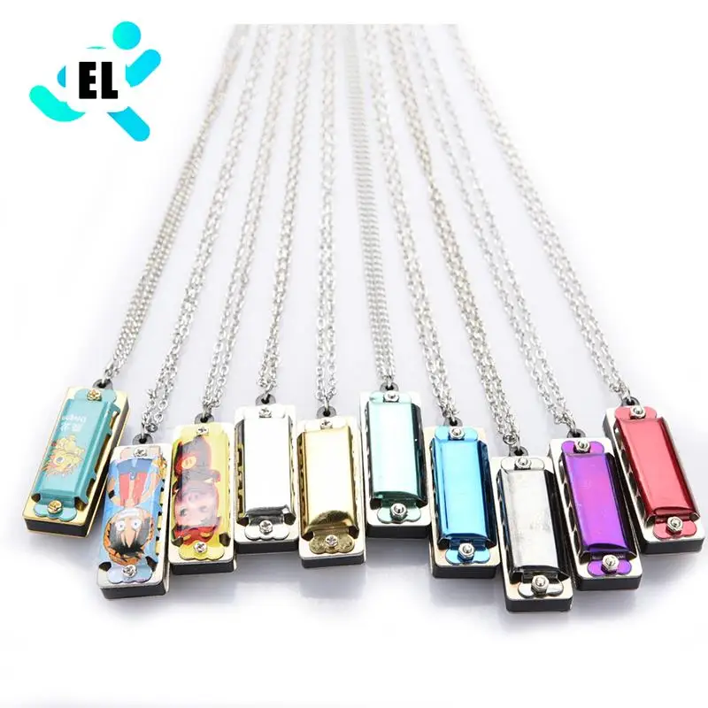 

Mini 4 Hole 8 Tone Harmonica Metal Necklace Design Chain Toy Gift Color Random
