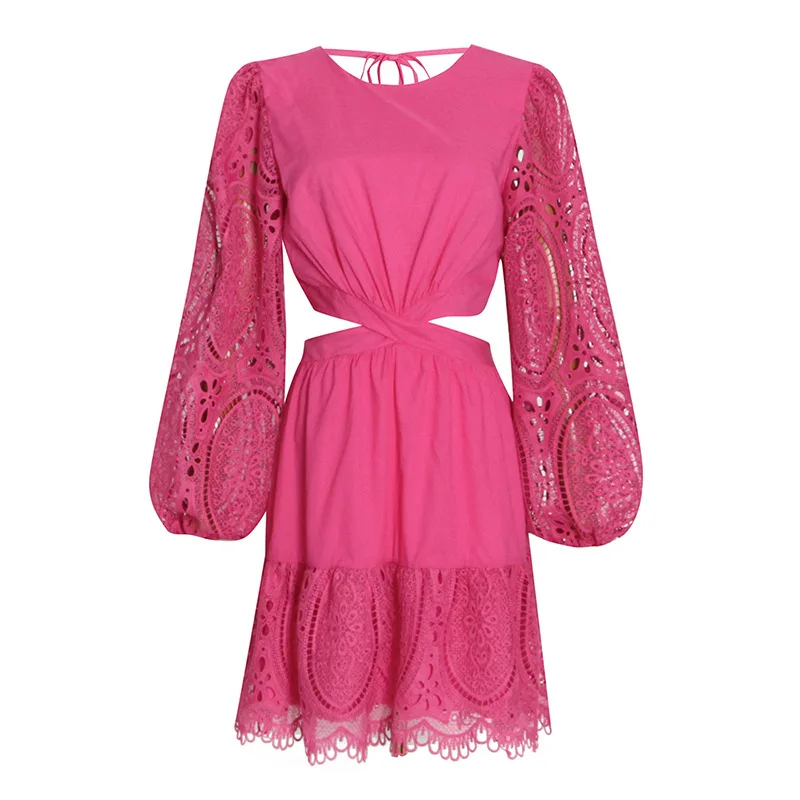 

Temperament And Elegant A-line Skirt 2022 Summer New Fashion Round Neck Lantern Sleeves Waistless Lace Lace Dress